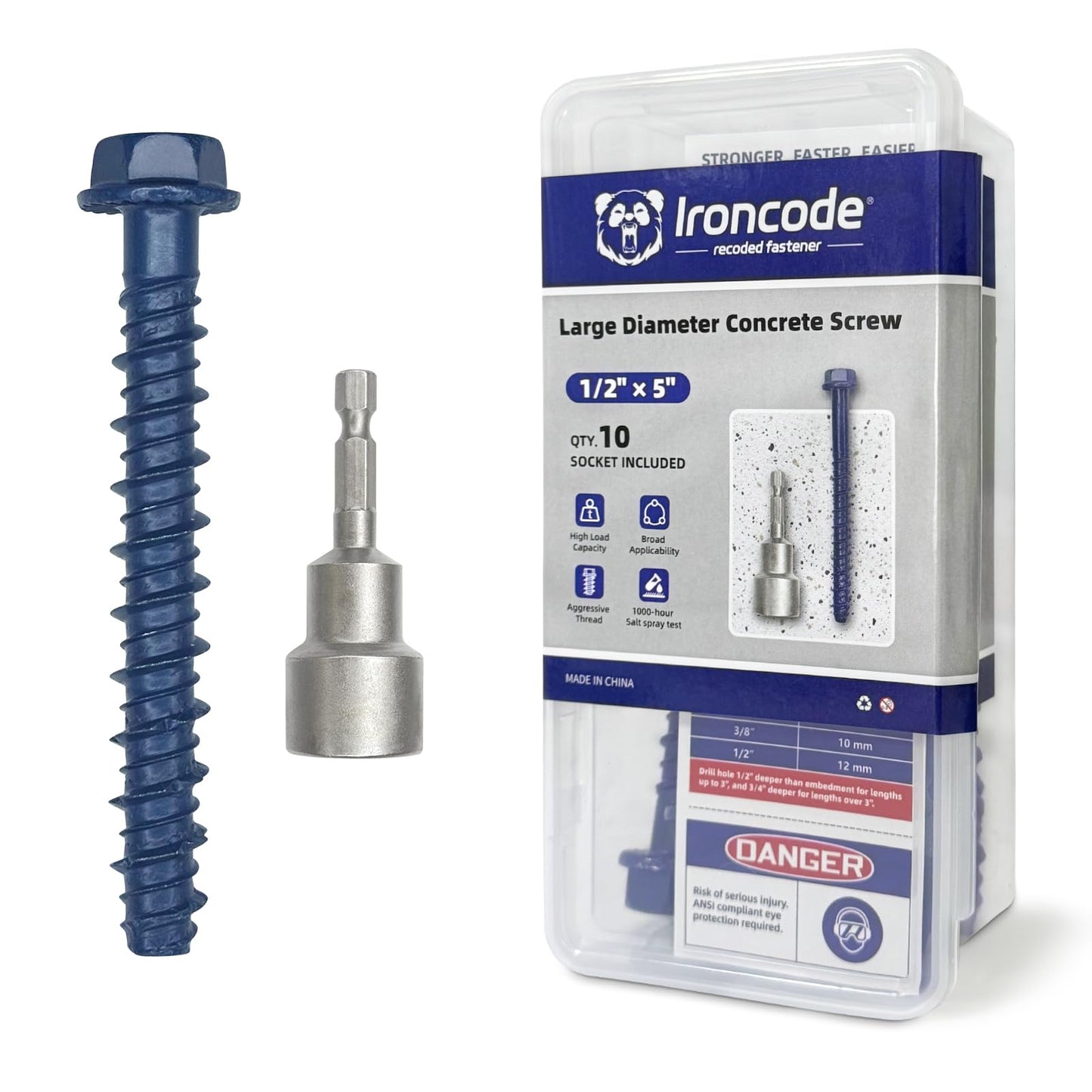 1/2" x 5"Concrete Screw Anchor with Drill Bit & Hex Driver | Heavy-Duty, Superior Corrosion Resistant Blue Coated Fasteners for Anchoring Heavy Fixtures 10pcs/Box