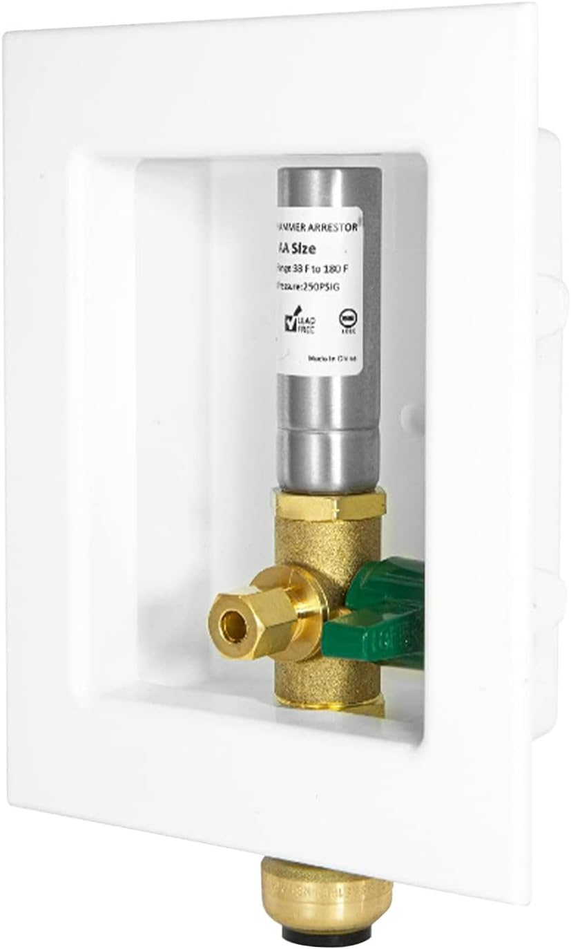 1 PCS Foskan 1/2" Push Fit Inlet Ice Maker Outlet Box (Pre-Assembled), 1/4" OD Compression Outlet, with Installed Green-Handled Quarter-Turn Ball Valve and Stainless Steel Hammer Arrestor
