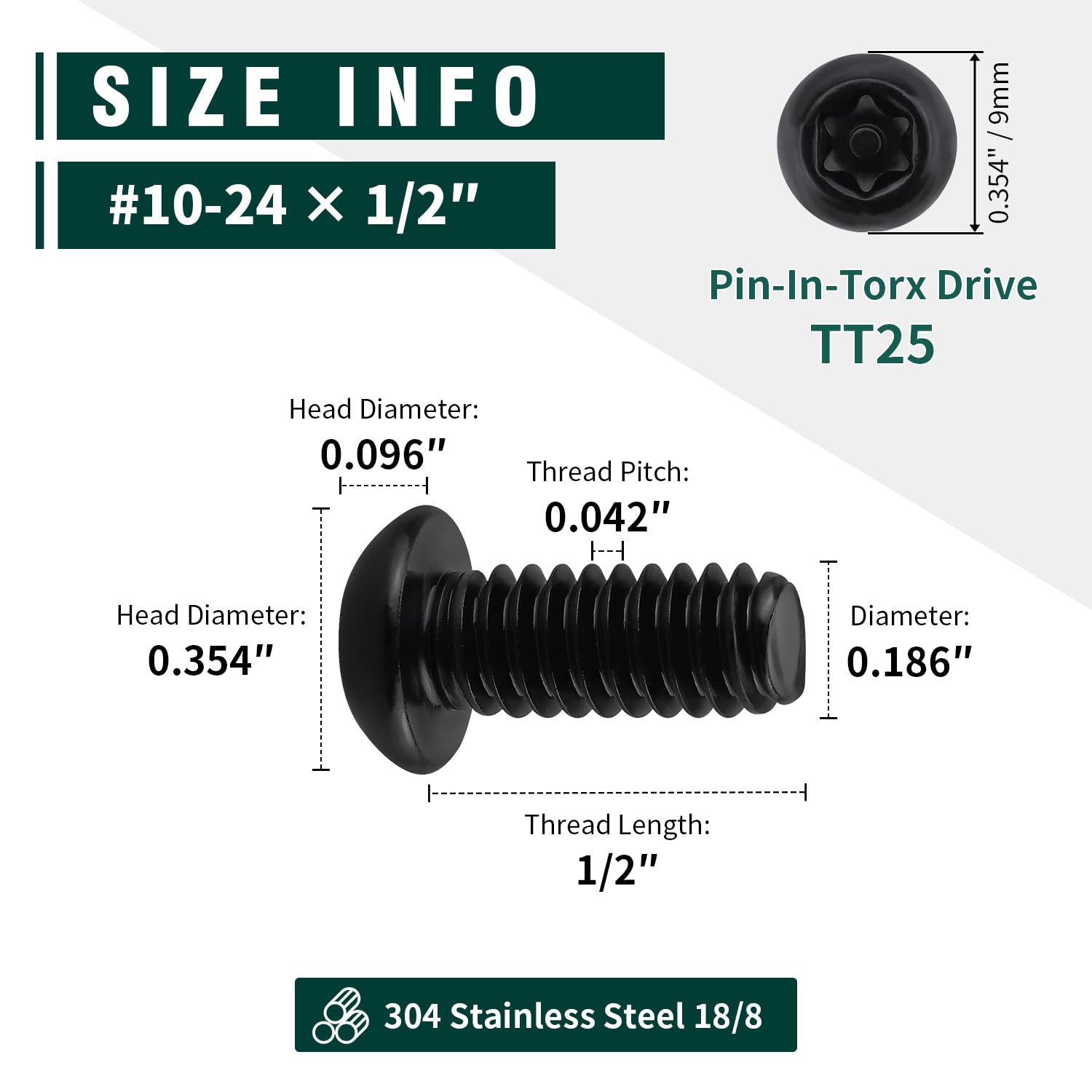 #10-24 x 1/2" Button Head Torx Security Screws, 304 Stainless Steel 18-8, Black Torx Drive Screws for Outdoor, Automotive License Plates, 50-Pack with Bit TT25