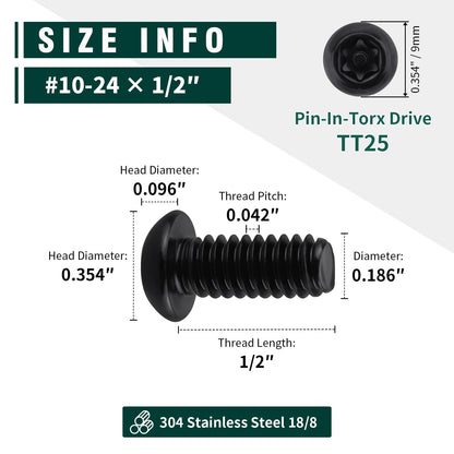 #10-24 x 1/2" Button Head Torx Security Screws, 304 Stainless Steel 18-8, Black Torx Drive Screws for Outdoor, Automotive License Plates, 50-Pack with Bit TT25