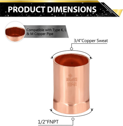 (Pack of 10) Foskan 3/4" C x 1/2" FNPT Copper Female Adapter, Copper Plumbing Fittings with Sweat Solder Connection