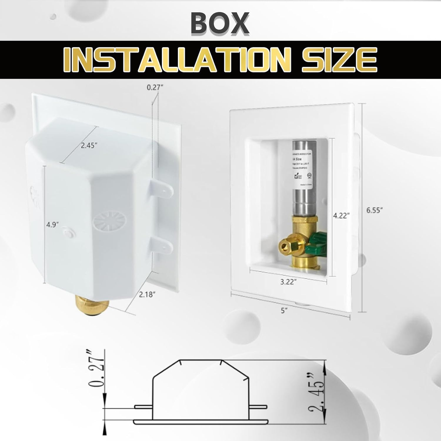 1 PCS Foskan 1/2" Push Fit Inlet Ice Maker Outlet Box (Pre-Assembled), 1/4" OD Compression Outlet, with Installed Green-Handled Quarter-Turn Ball Valve and Stainless Steel Hammer Arrestor