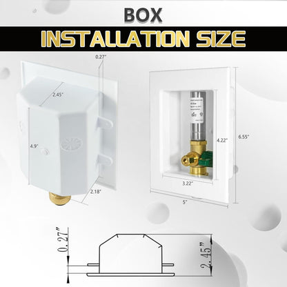 1 PCS Foskan 1/2" Push Fit Inlet Ice Maker Outlet Box (Pre-Assembled), 1/4" OD Compression Outlet, with Installed Green-Handled Quarter-Turn Ball Valve and Stainless Steel Hammer Arrestor