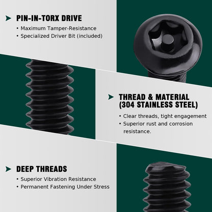 #10-24 x 1/2" Button Head Torx Security Screws, 304 Stainless Steel 18-8, Black Torx Drive Screws for Outdoor, Automotive License Plates, 50-Pack with Bit TT25