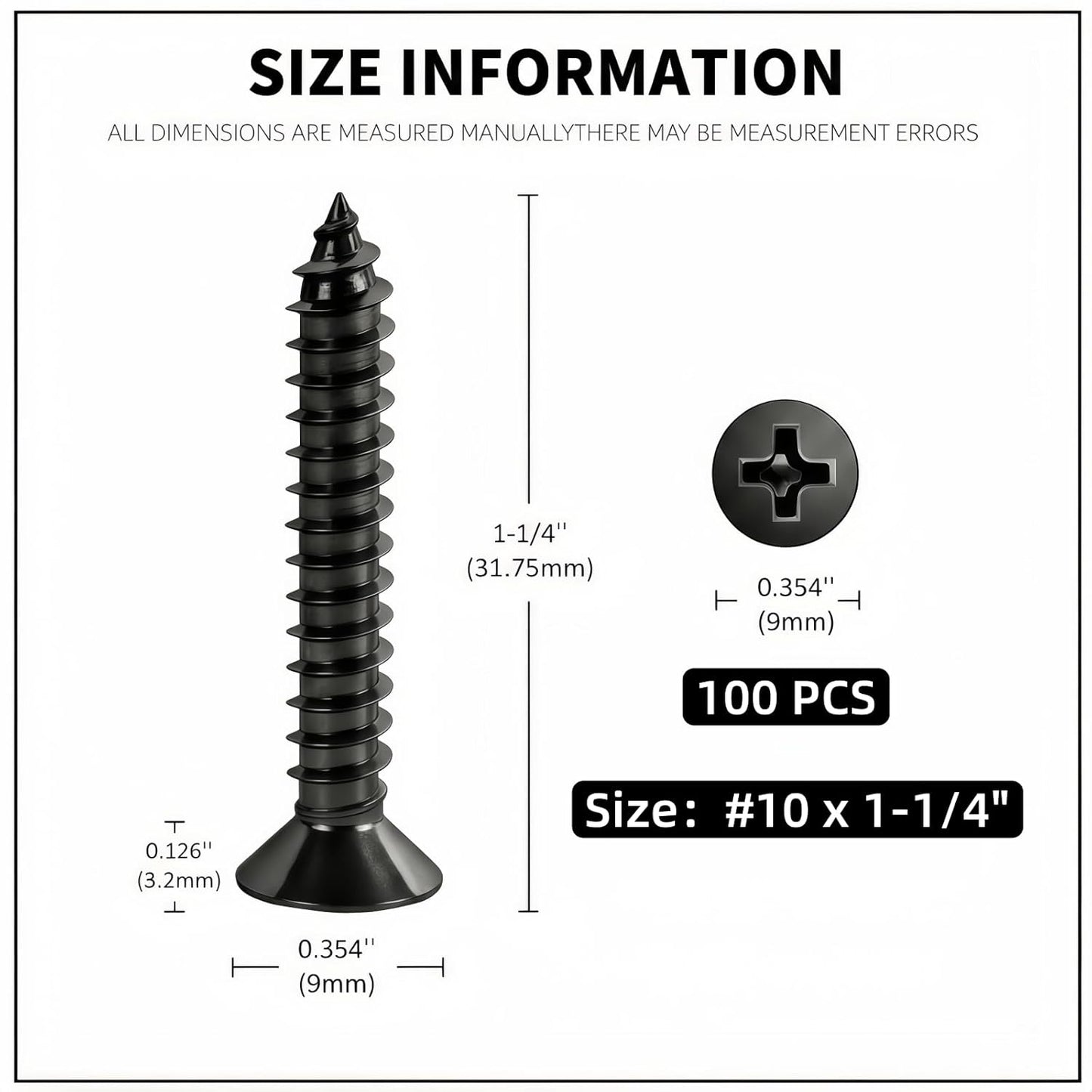 #10 x1-1/4 [100 Pack] Flat Head Phillips Drive Self Tapping Screws, Sheet Metal Screws, Black Oxide, 304 Stainless Steel (18-8), Corrosion Resistant Screw for Wood, Sheet Metal and More