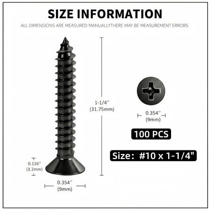 #10 x1-1/4 [100 Pack] Flat Head Phillips Drive Self Tapping Screws, Sheet Metal Screws, Black Oxide, 304 Stainless Steel (18-8), Corrosion Resistant Screw for Wood, Sheet Metal and More