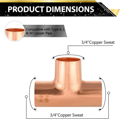 (Pack of 15) Foskan 3/4" C x C x C Copper Tee, Copper Plumbing Fittings with Sweat Solder Connection