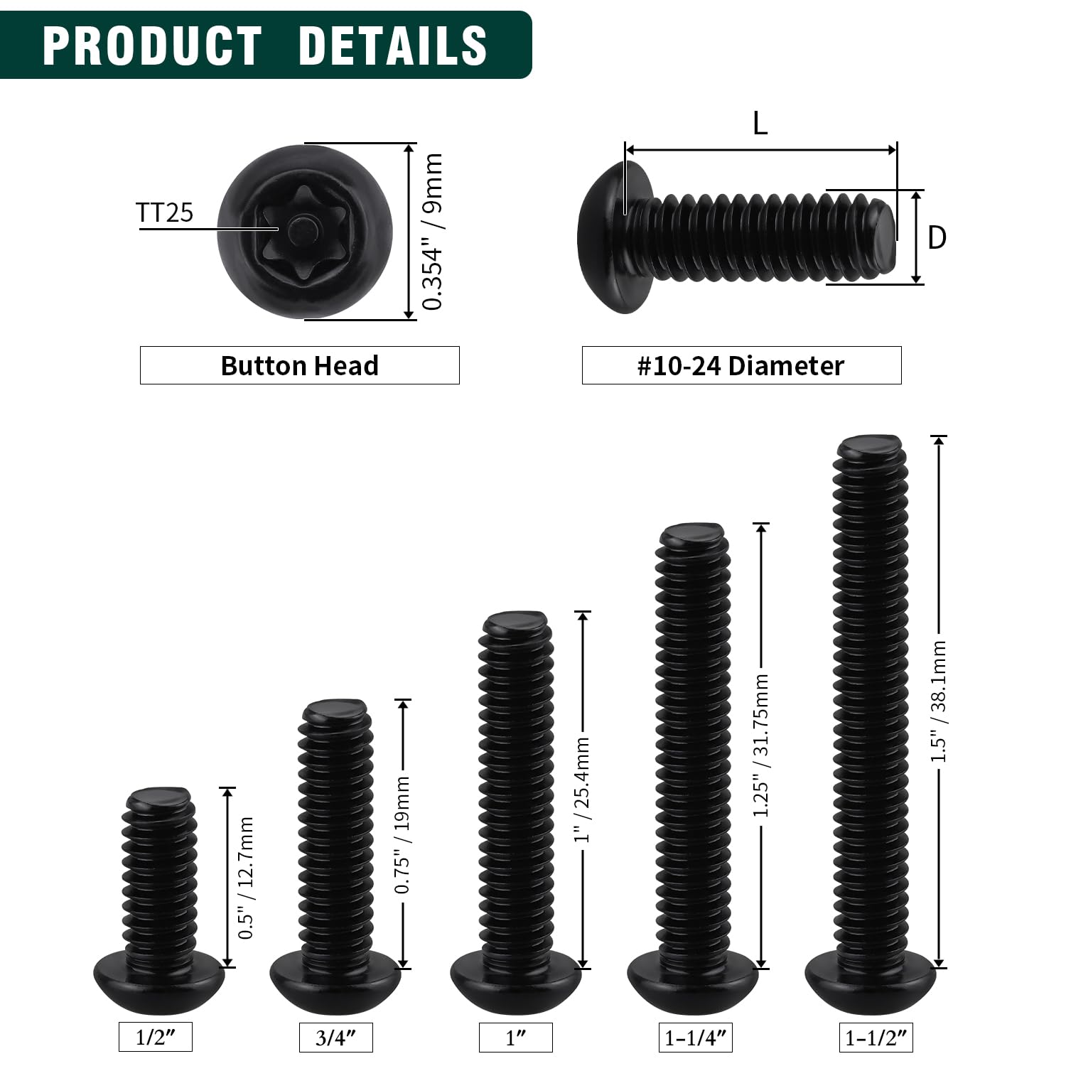 #10-24 x 1/2" Button Head Torx Security Screws, 304 Stainless Steel 18-8, Black Torx Drive Screws for Outdoor, Automotive License Plates, 50-Pack with Bit TT25