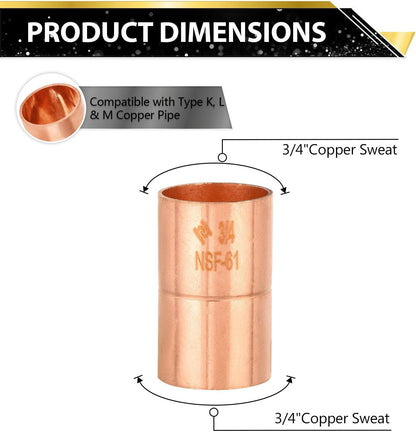 (Pack of 30) Foskan 3/4" C x 3/4" C Copper Coupling with Stop, Copper Plumbing Fittings with Sweat Solder Connection