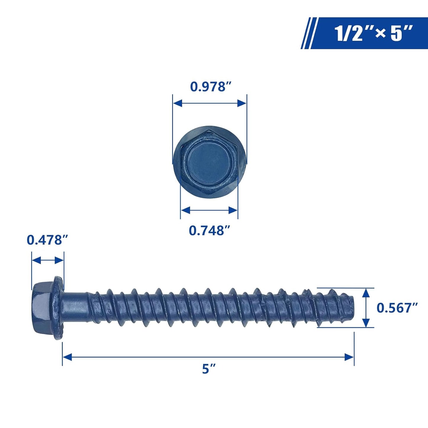 1/2" x 5"Concrete Screw Anchor with Drill Bit & Hex Driver | Heavy-Duty, Superior Corrosion Resistant Blue Coated Fasteners for Anchoring Heavy Fixtures 10pcs/Box