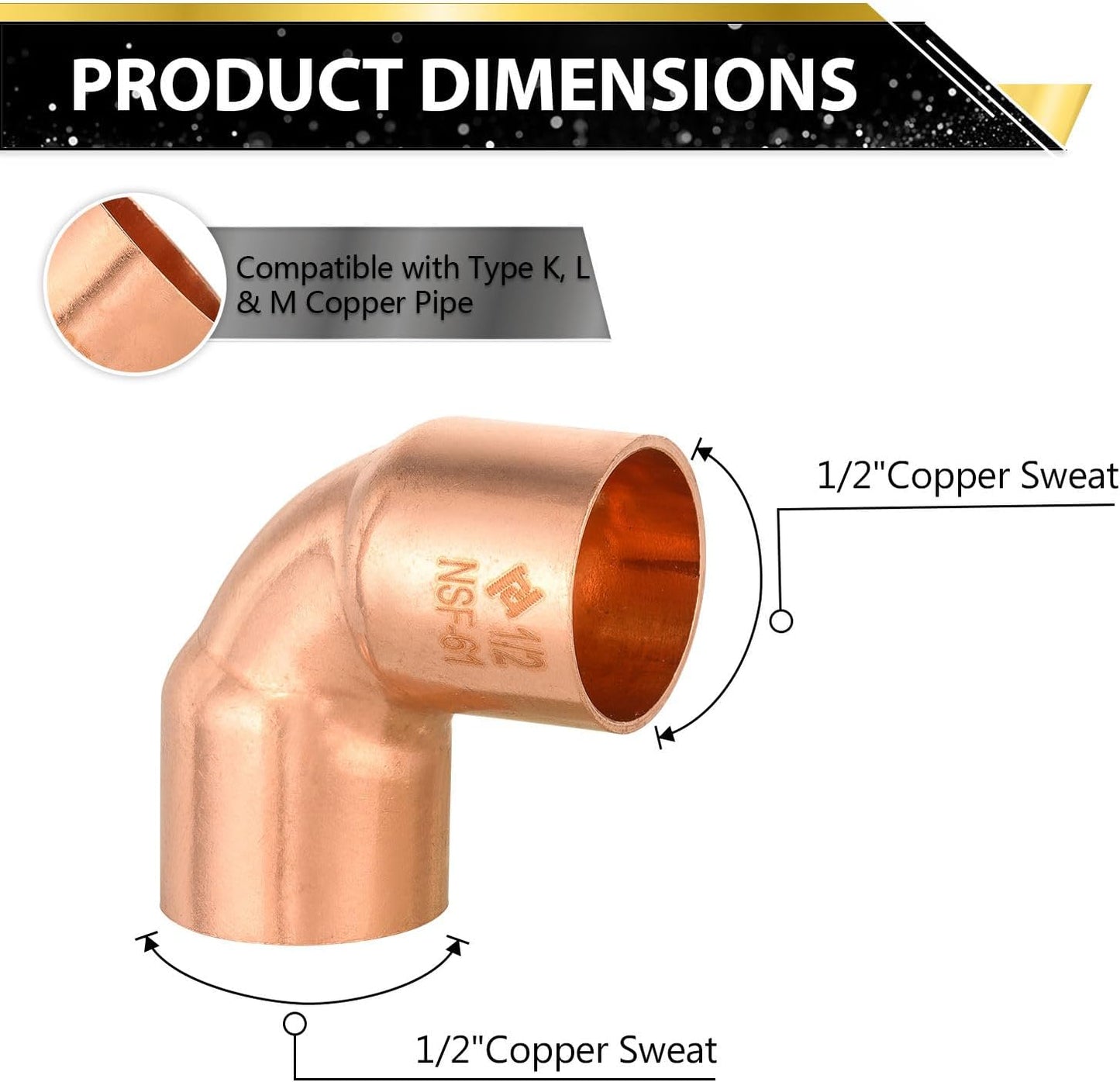 (Pack of 50) Foskan 1/2" C x 1/2" C Copper 90-Degree Short Radius Elbow, Copper Plumbing Fittings with Sweat Solder Connection