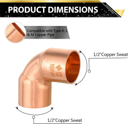 (Pack of 50) Foskan 1/2" C x 1/2" C Copper 90-Degree Short Radius Elbow, Copper Plumbing Fittings with Sweat Solder Connection