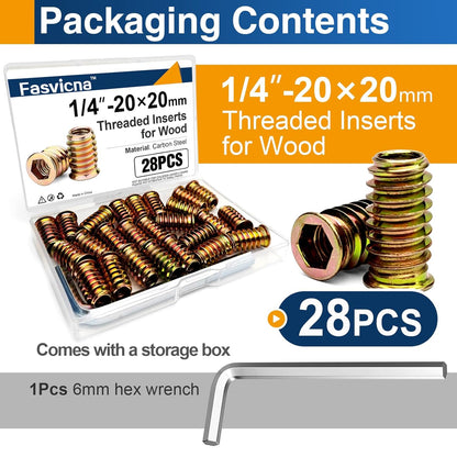 1/4"-20 x 20mm Threaded Inserts for Wood, Hex Drive Insert Nuts for Furniture Repair, 28 Pack