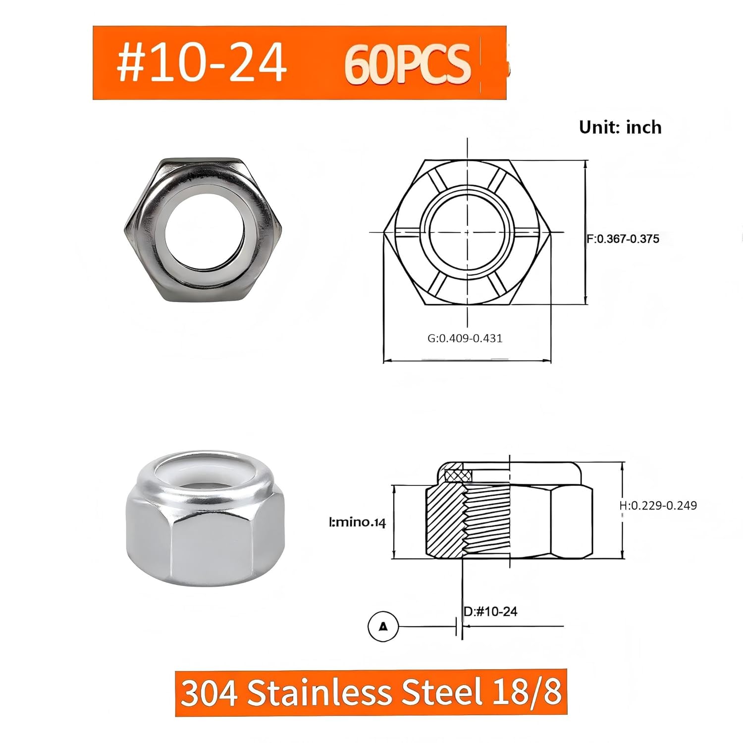 #10-24 Locknuts,60PCS 304 (18-8) Stainless Steel Nylon Insert Lock Nuts,Standard Inch Thread Nylock Nuts