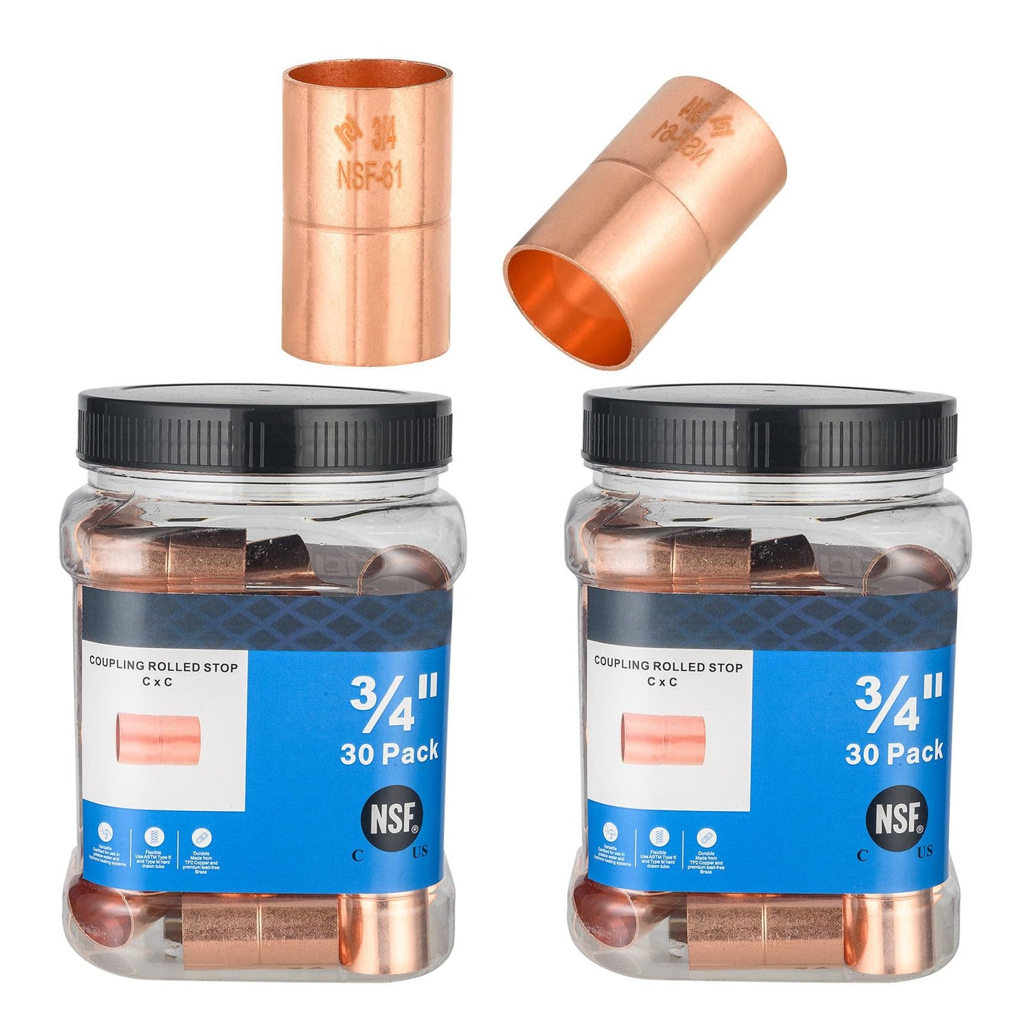 (Pack of 30) Foskan 3/4" C x 3/4" C Copper Coupling with Stop, Copper Plumbing Fittings with Sweat Solder Connection