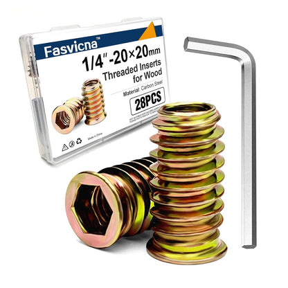 1/4"-20 x 20mm Threaded Inserts for Wood, Hex Drive Insert Nuts for Furniture Repair, 28 Pack