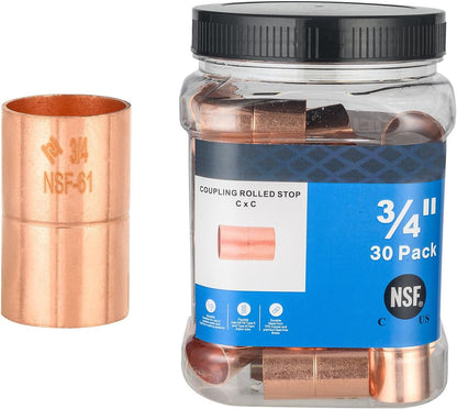 (Pack of 30) Foskan 3/4" C x 3/4" C Copper Coupling with Stop, Copper Plumbing Fittings with Sweat Solder Connection