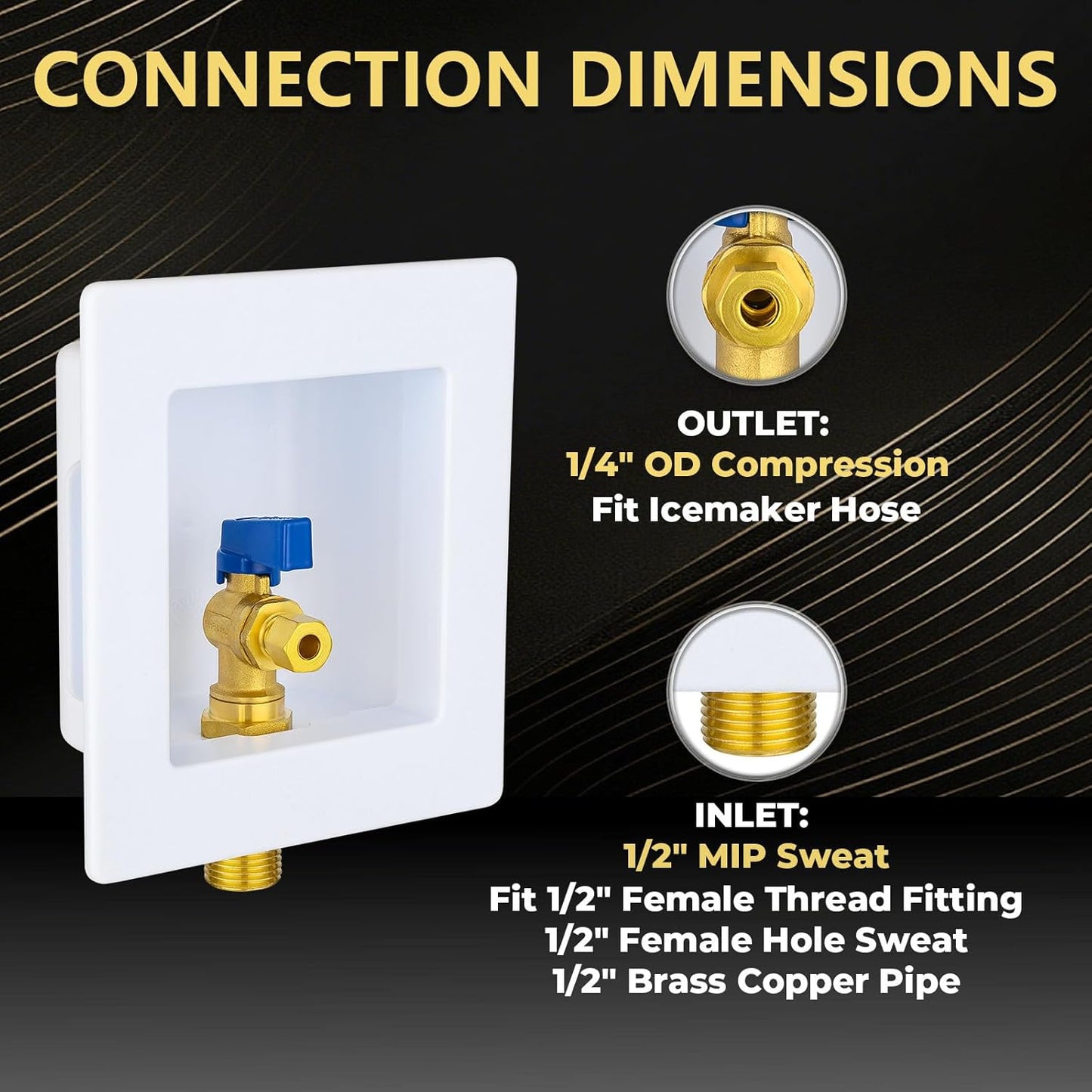 1 PCS Foskan 1/2" MIP Sweat Inlet Ice Maker Outlet Box (Pre-Assembled), 1/4" OD Compression Outlet, with Installed Blue-Handled Quarter-Turn Ball Valve