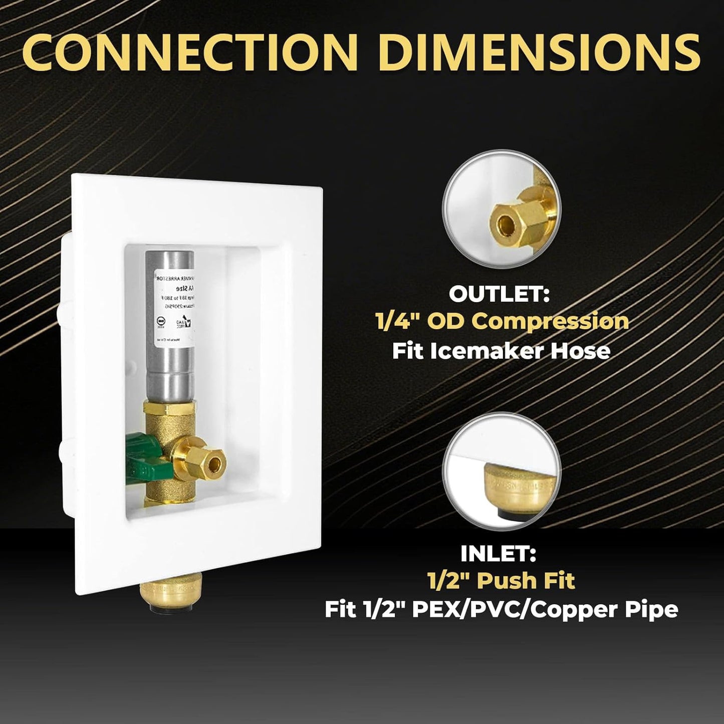 1 PCS Foskan 1/2" Push Fit Inlet Ice Maker Outlet Box (Pre-Assembled), 1/4" OD Compression Outlet, with Installed Green-Handled Quarter-Turn Ball Valve and Stainless Steel Hammer Arrestor