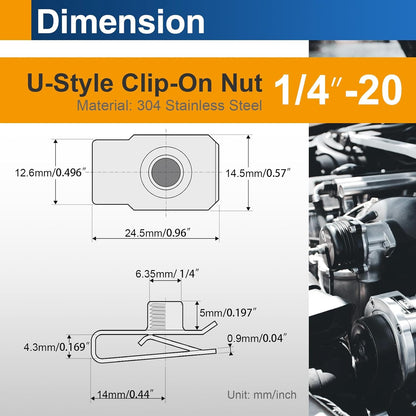 1/4"-20 U Clip Nuts, 304 Stainless Steel Extruded Clip-On U Nuts for Automotive Door Panel & Dash, 10 Pack