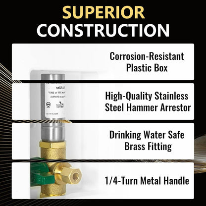 1 PCS Foskan 1/2" Push Fit Inlet Ice Maker Outlet Box (Pre-Assembled), 1/4" OD Compression Outlet, with Installed Green-Handled Quarter-Turn Ball Valve and Stainless Steel Hammer Arrestor