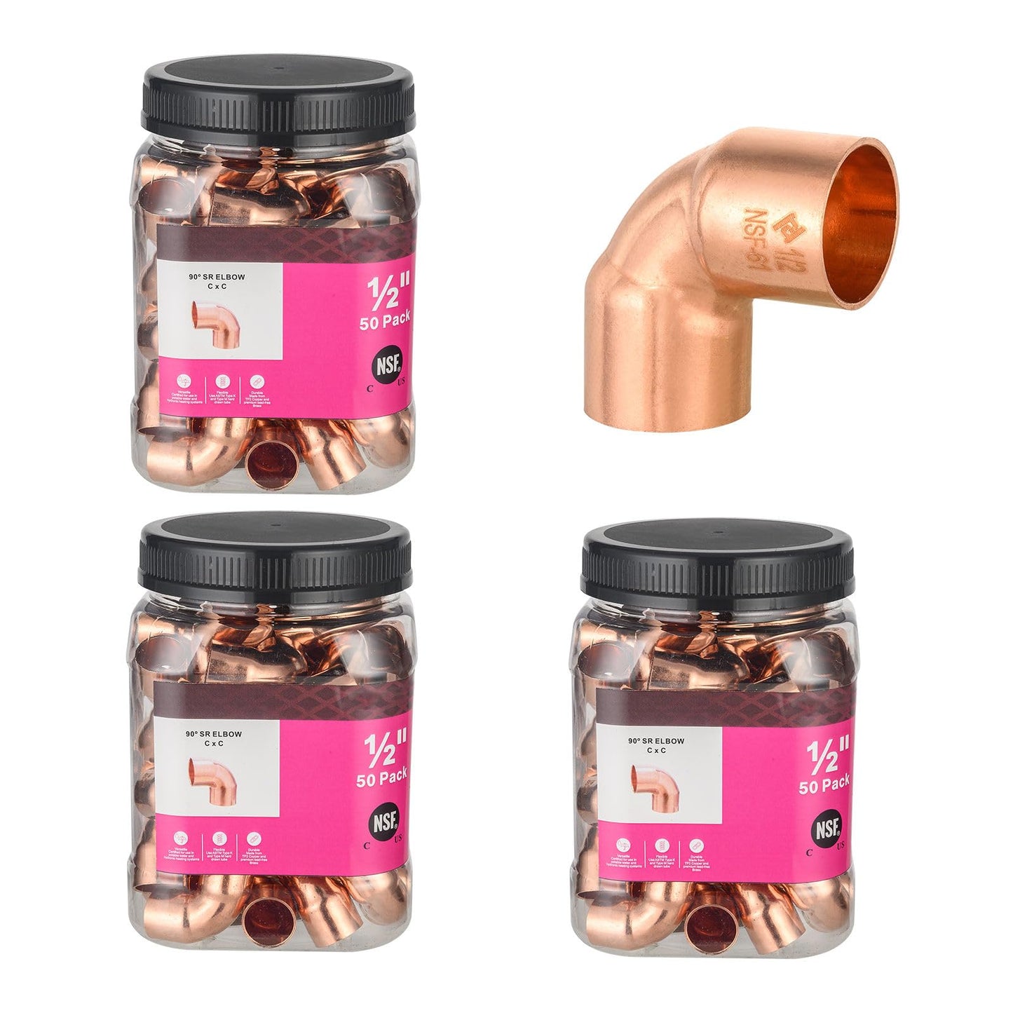 (Pack of 50) Foskan 1/2" C x 1/2" C Copper 90-Degree Short Radius Elbow, Copper Plumbing Fittings with Sweat Solder Connection