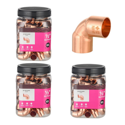 (Pack of 50) Foskan 1/2" C x 1/2" C Copper 90-Degree Short Radius Elbow, Copper Plumbing Fittings with Sweat Solder Connection