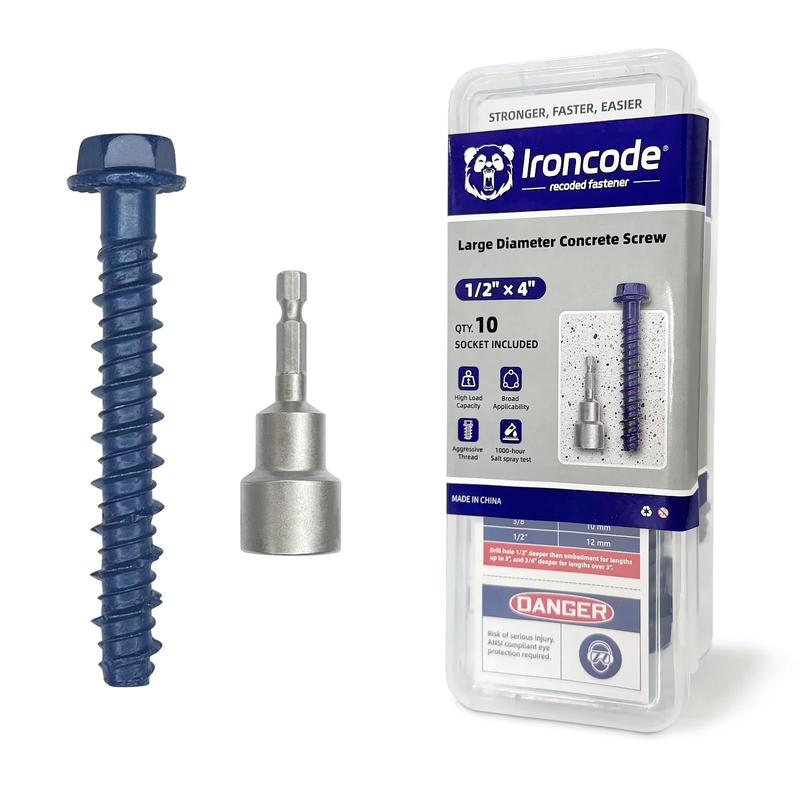 1/2" x 5"Concrete Screw Anchor with Drill Bit & Hex Driver | Heavy-Duty, Superior Corrosion Resistant Blue Coated Fasteners for Anchoring Heavy Fixtures 10pcs/Box