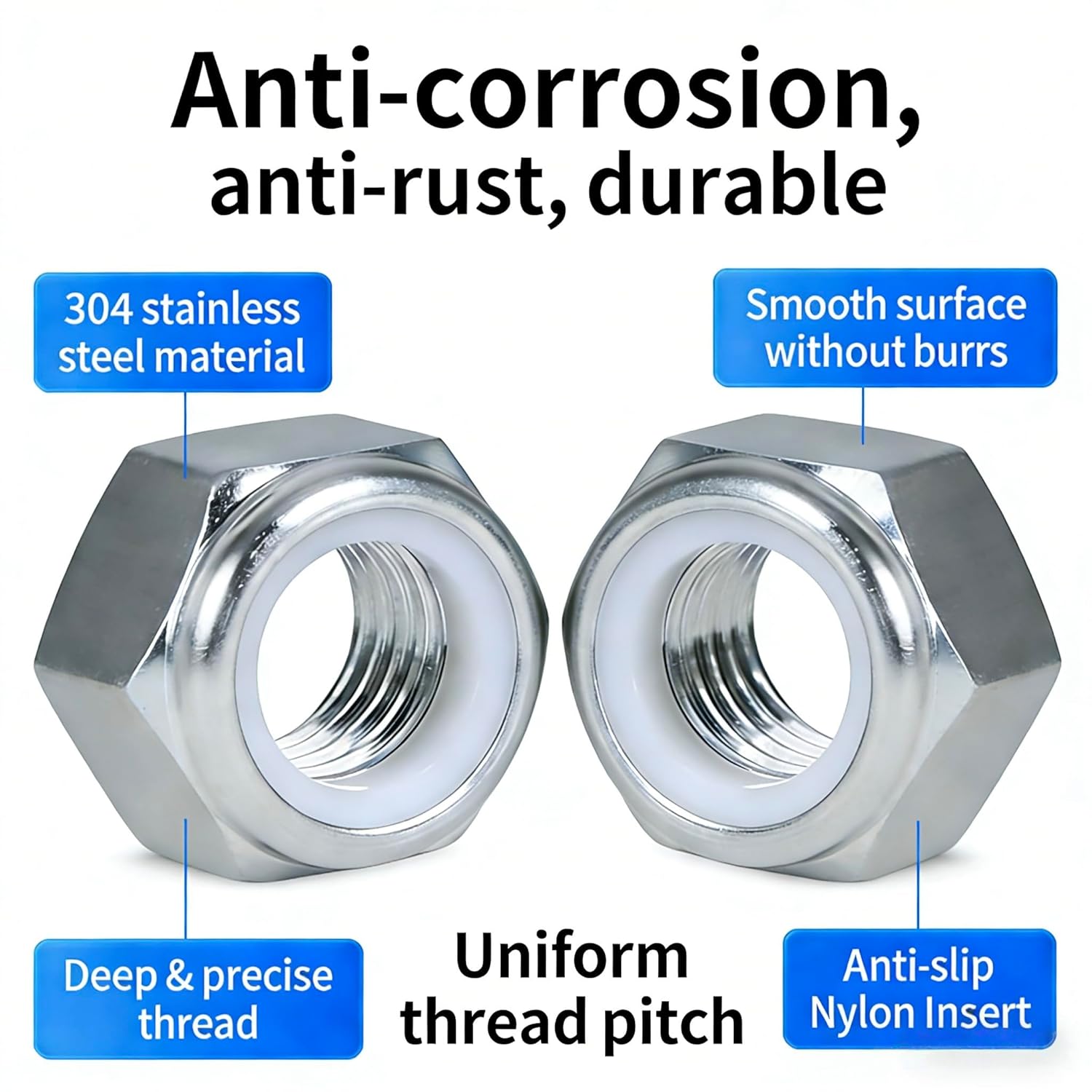 #10-24 Locknuts,60PCS 304 (18-8) Stainless Steel Nylon Insert Lock Nuts,Standard Inch Thread Nylock Nuts