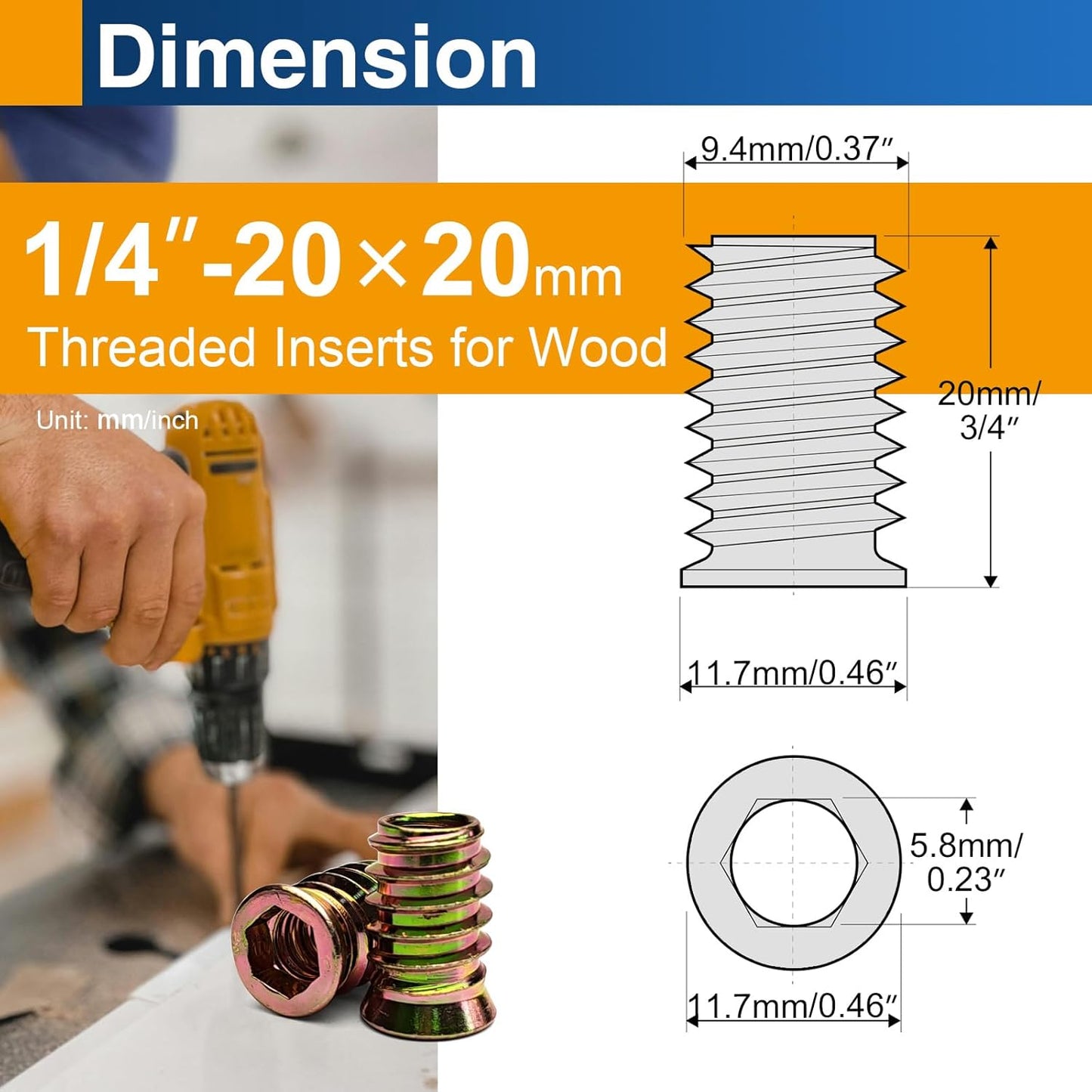 1/4"-20 x 20mm Threaded Inserts for Wood, Hex Drive Insert Nuts for Furniture Repair, 28 Pack