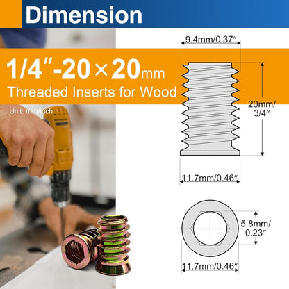 1/4"-20 x 20mm Threaded Inserts for Wood, Hex Drive Insert Nuts for Furniture Repair, 28 Pack