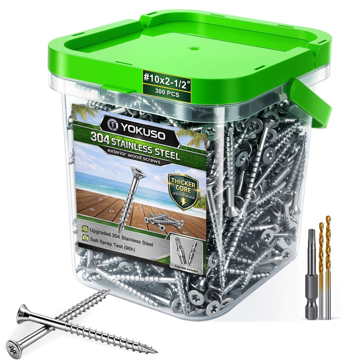 #10 x 2 Stainless Steel Wood Screws - 304 Stainless Steel Exterior Deck Screws (300 PCS), Corrosion & Rust Resistant, T25 Torx Flat Head for Outdoor Wood,Fence & Marine (3 Driver Bits Included)