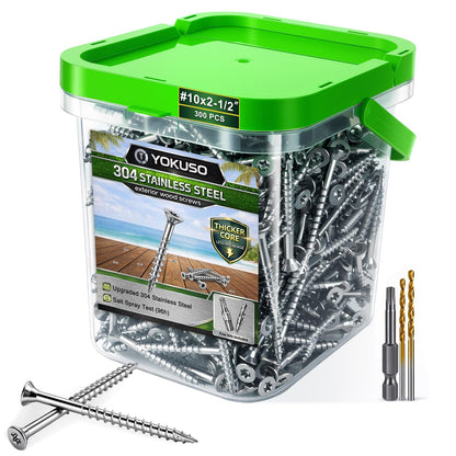 #10 x 2 Stainless Steel Wood Screws - 304 Stainless Steel Exterior Deck Screws (300 PCS), Corrosion & Rust Resistant, T25 Torx Flat Head for Outdoor Wood,Fence & Marine (3 Driver Bits Included)