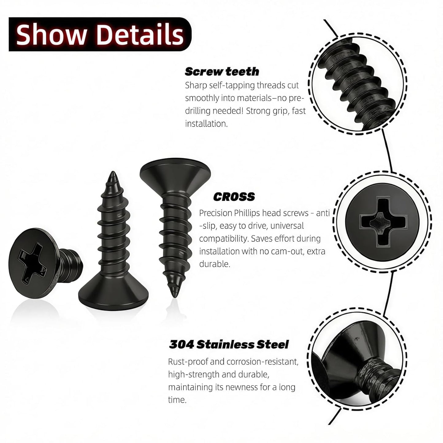 #10 x1-1/4 [100 Pack] Flat Head Phillips Drive Self Tapping Screws, Sheet Metal Screws, Black Oxide, 304 Stainless Steel (18-8), Corrosion Resistant Screw for Wood, Sheet Metal and More