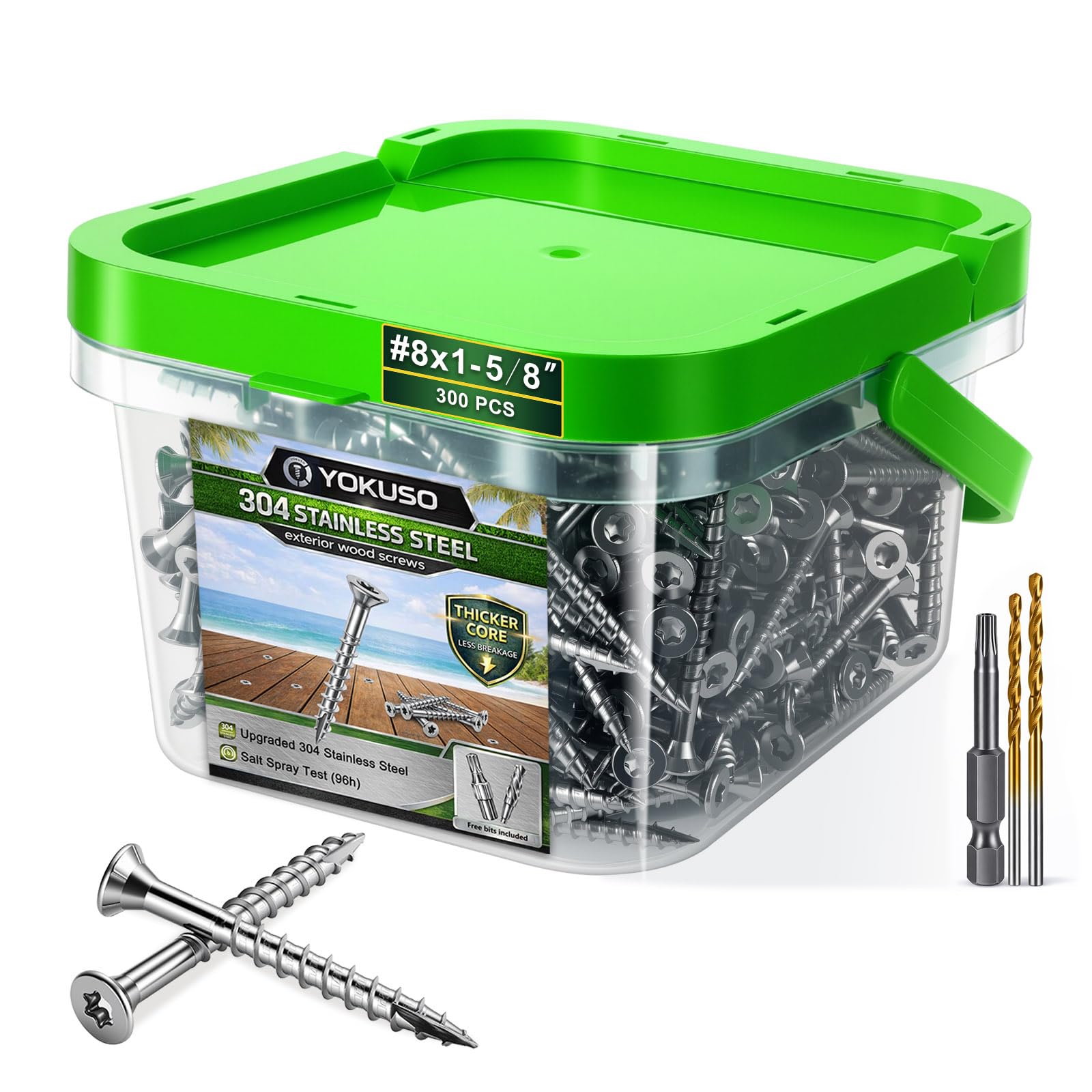 #10 x 2 Stainless Steel Wood Screws - 304 Stainless Steel Exterior Deck Screws (300 PCS), Corrosion & Rust Resistant, T25 Torx Flat Head for Outdoor Wood,Fence & Marine (3 Driver Bits Included)