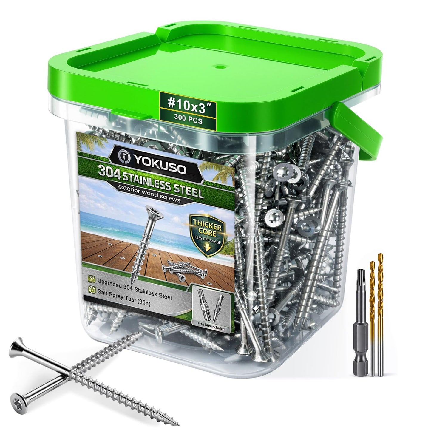 #10 x 2 Stainless Steel Wood Screws - 304 Stainless Steel Exterior Deck Screws (300 PCS), Corrosion & Rust Resistant, T25 Torx Flat Head for Outdoor Wood,Fence & Marine (3 Driver Bits Included)