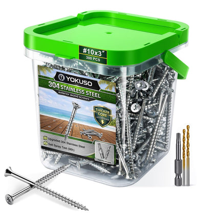#10 x 2 Stainless Steel Wood Screws - 304 Stainless Steel Exterior Deck Screws (300 PCS), Corrosion & Rust Resistant, T25 Torx Flat Head for Outdoor Wood,Fence & Marine (3 Driver Bits Included)