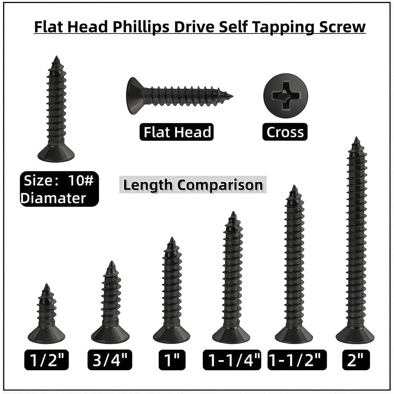 #10 x1-1/4 [100 Pack] Flat Head Phillips Drive Self Tapping Screws, Sheet Metal Screws, Black Oxide, 304 Stainless Steel (18-8), Corrosion Resistant Screw for Wood, Sheet Metal and More