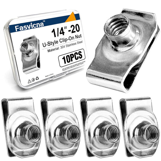 1/4"-20 U Clip Nuts, 304 Stainless Steel Extruded Clip-On U Nuts for Automotive Door Panel & Dash, 10 Pack