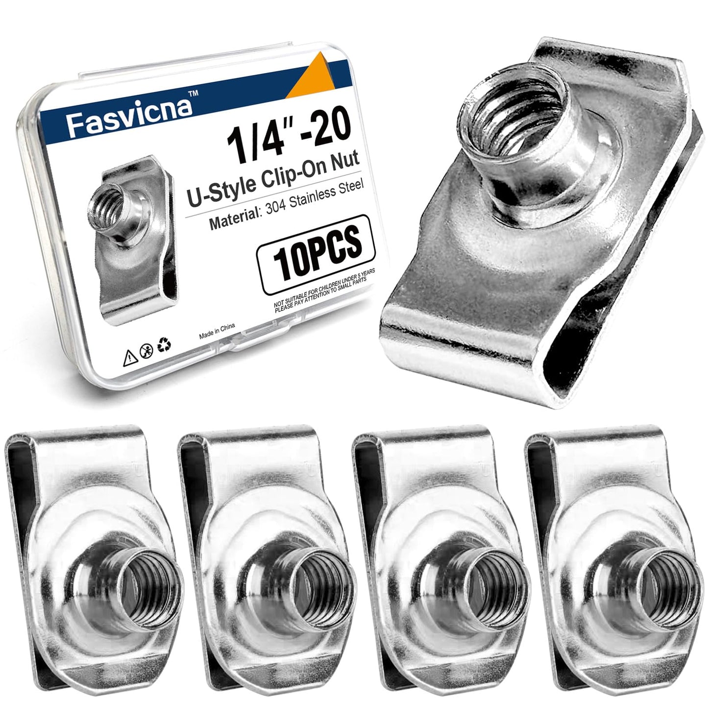 1/4"-20 U Clip Nuts, 304 Stainless Steel Extruded Clip-On U Nuts for Automotive Door Panel & Dash, 10 Pack