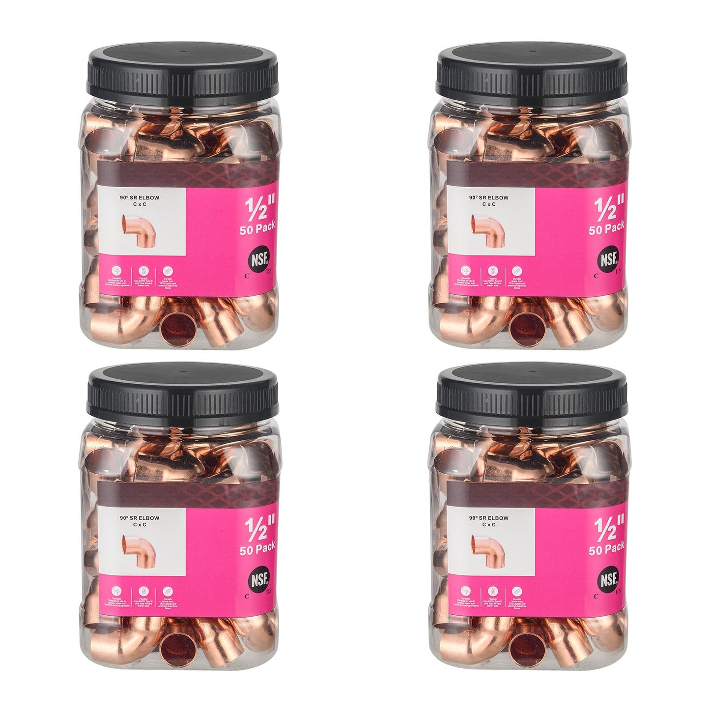 (Pack of 50) Foskan 1/2" C x 1/2" C Copper 90-Degree Short Radius Elbow, Copper Plumbing Fittings with Sweat Solder Connection