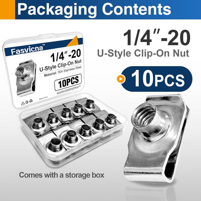 1/4"-20 U Clip Nuts, 304 Stainless Steel Extruded Clip-On U Nuts for Automotive Door Panel & Dash, 10 Pack