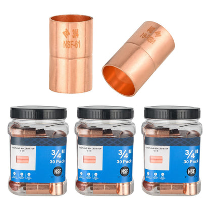 (Pack of 30) Foskan 3/4" C x 3/4" C Copper Coupling with Stop, Copper Plumbing Fittings with Sweat Solder Connection