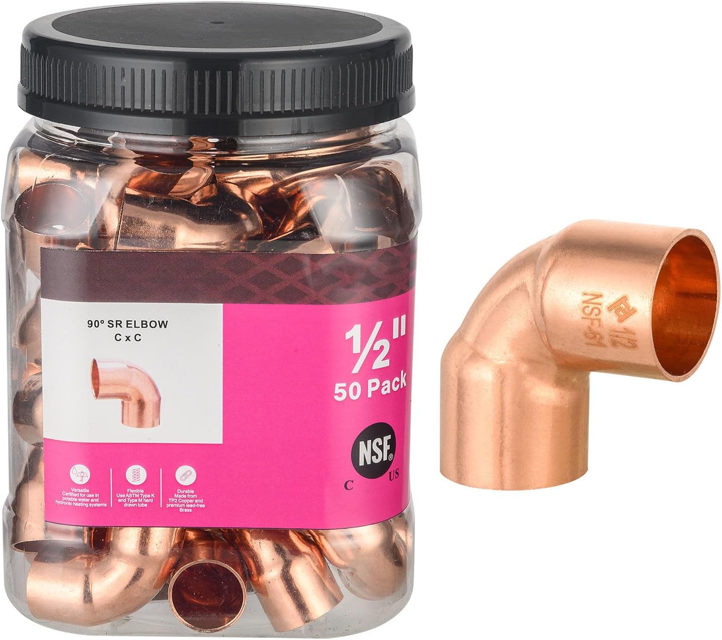 (Pack of 50) Foskan 1/2" C x 1/2" C Copper 90-Degree Short Radius Elbow, Copper Plumbing Fittings with Sweat Solder Connection