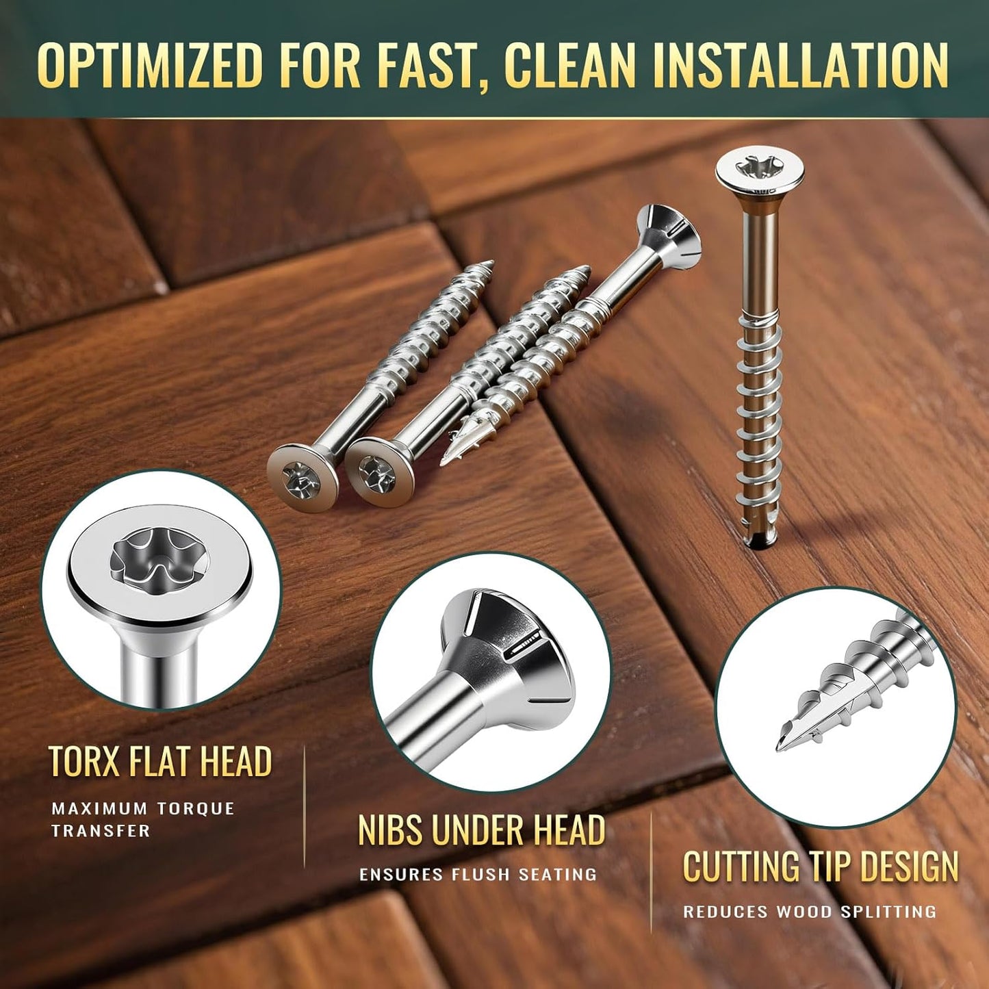 #10 x 2 Stainless Steel Wood Screws - 304 Stainless Steel Exterior Deck Screws (300 PCS), Corrosion & Rust Resistant, T25 Torx Flat Head for Outdoor Wood,Fence & Marine (3 Driver Bits Included)