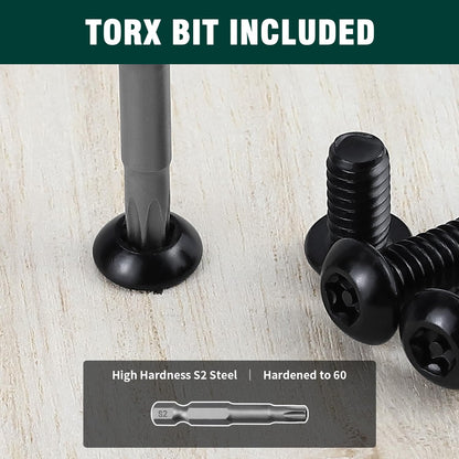 #10-24 x 1/2" Button Head Torx Security Screws, 304 Stainless Steel 18-8, Black Torx Drive Screws for Outdoor, Automotive License Plates, 50-Pack with Bit TT25