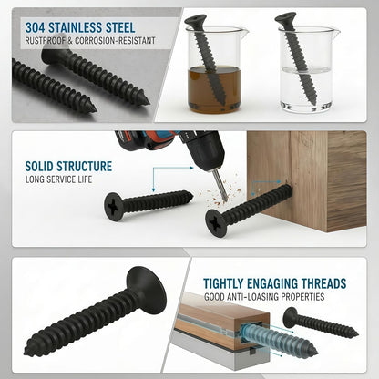#10 x1-1/4 [100 Pack] Flat Head Phillips Drive Self Tapping Screws, Sheet Metal Screws, Black Oxide, 304 Stainless Steel (18-8), Corrosion Resistant Screw for Wood, Sheet Metal and More