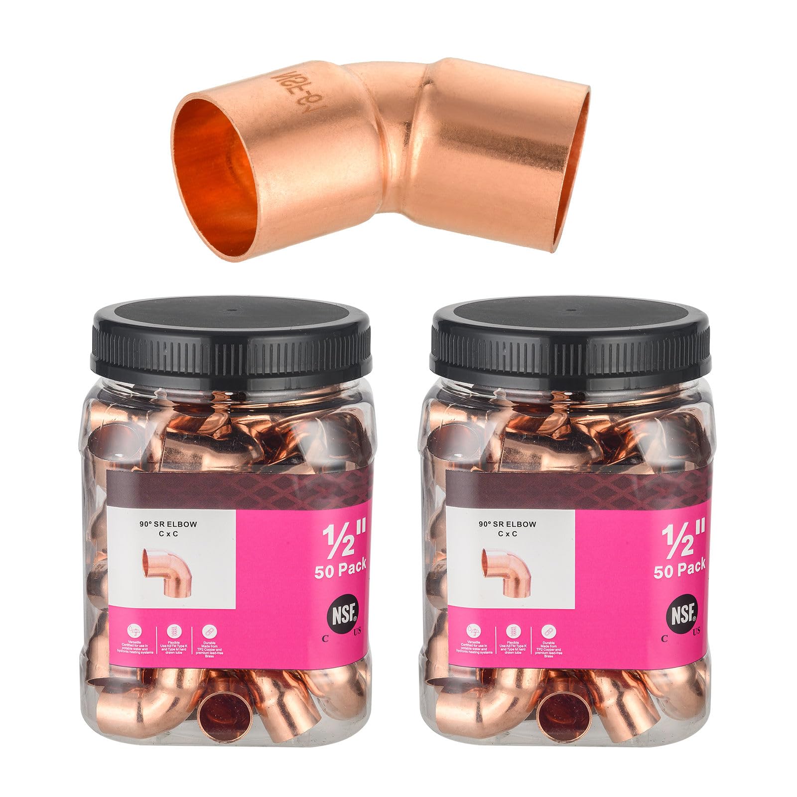 (Pack of 50) Foskan 1/2" C x 1/2" C Copper 90-Degree Short Radius Elbow, Copper Plumbing Fittings with Sweat Solder Connection