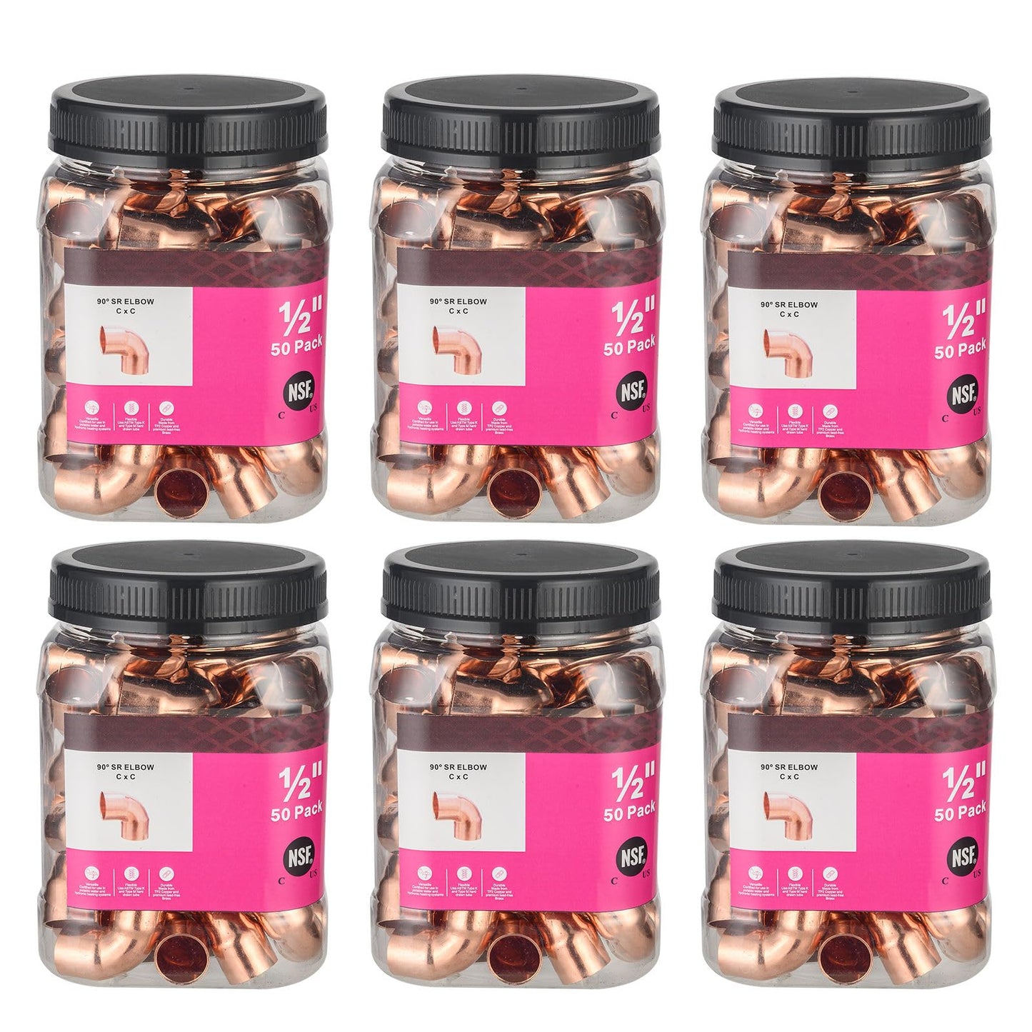 (Pack of 50) Foskan 1/2" C x 1/2" C Copper 90-Degree Short Radius Elbow, Copper Plumbing Fittings with Sweat Solder Connection