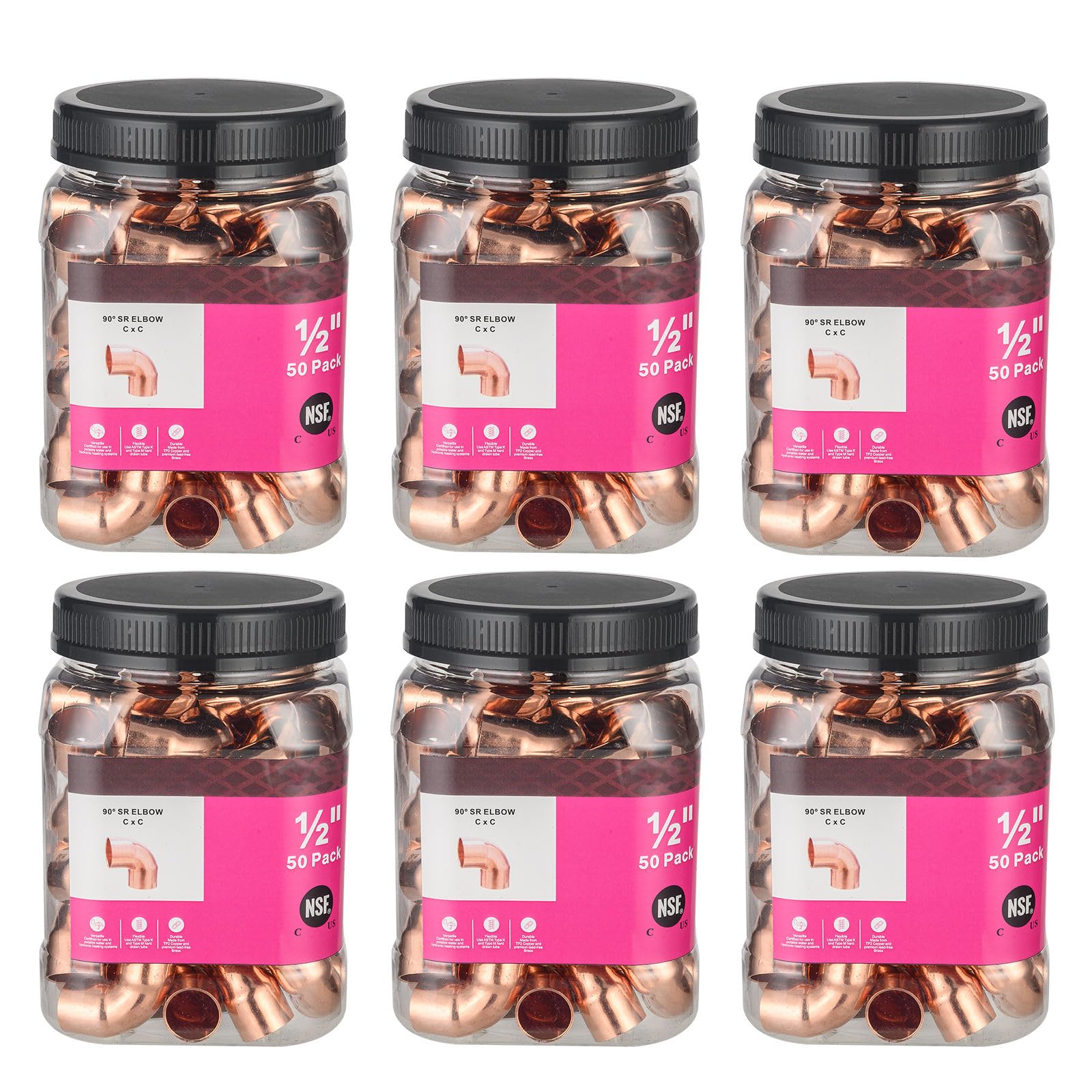 (Pack of 50) Foskan 1/2" C x 1/2" C Copper 90-Degree Short Radius Elbow, Copper Plumbing Fittings with Sweat Solder Connection